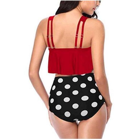 Red / Black polka dot 2 piece swimsuit set L NWOT - Picture 3 of 4